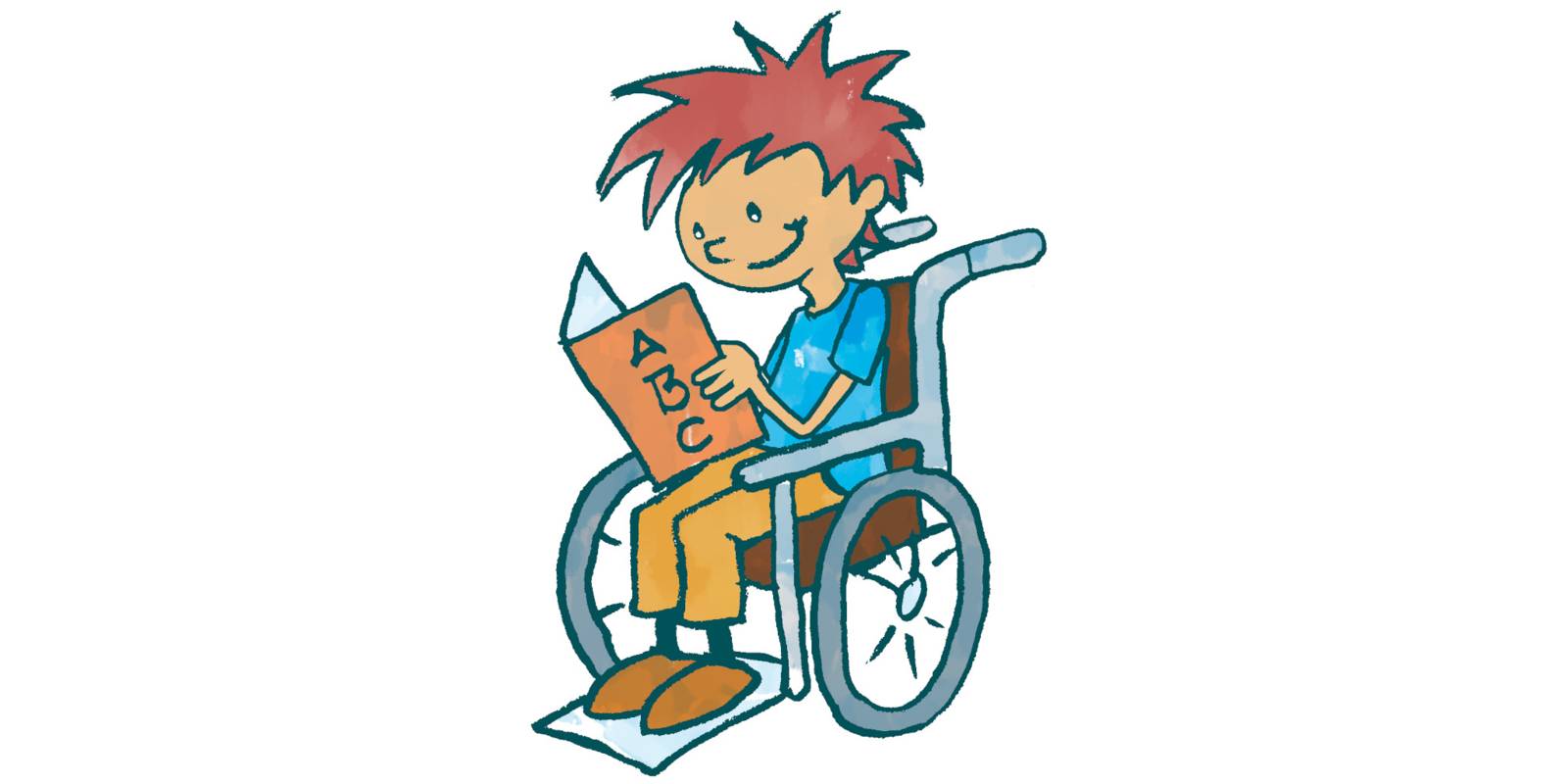 Zeichnung: Ein Kind sitzt in einem Rollstuhl und liest in einem Buch. ABC steht auf dem Einband.