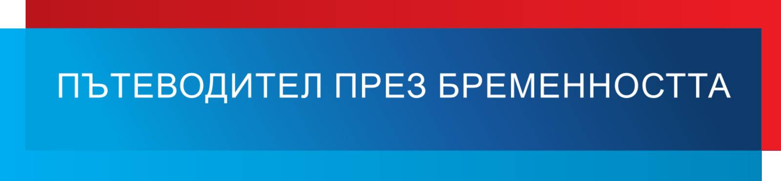 Grafisches Modul in den Farben Blau und Rot, dazu der Text: "ПЪТЕВОДИТЕЛ ПРЕЗ БРЕМЕННОСТТА"