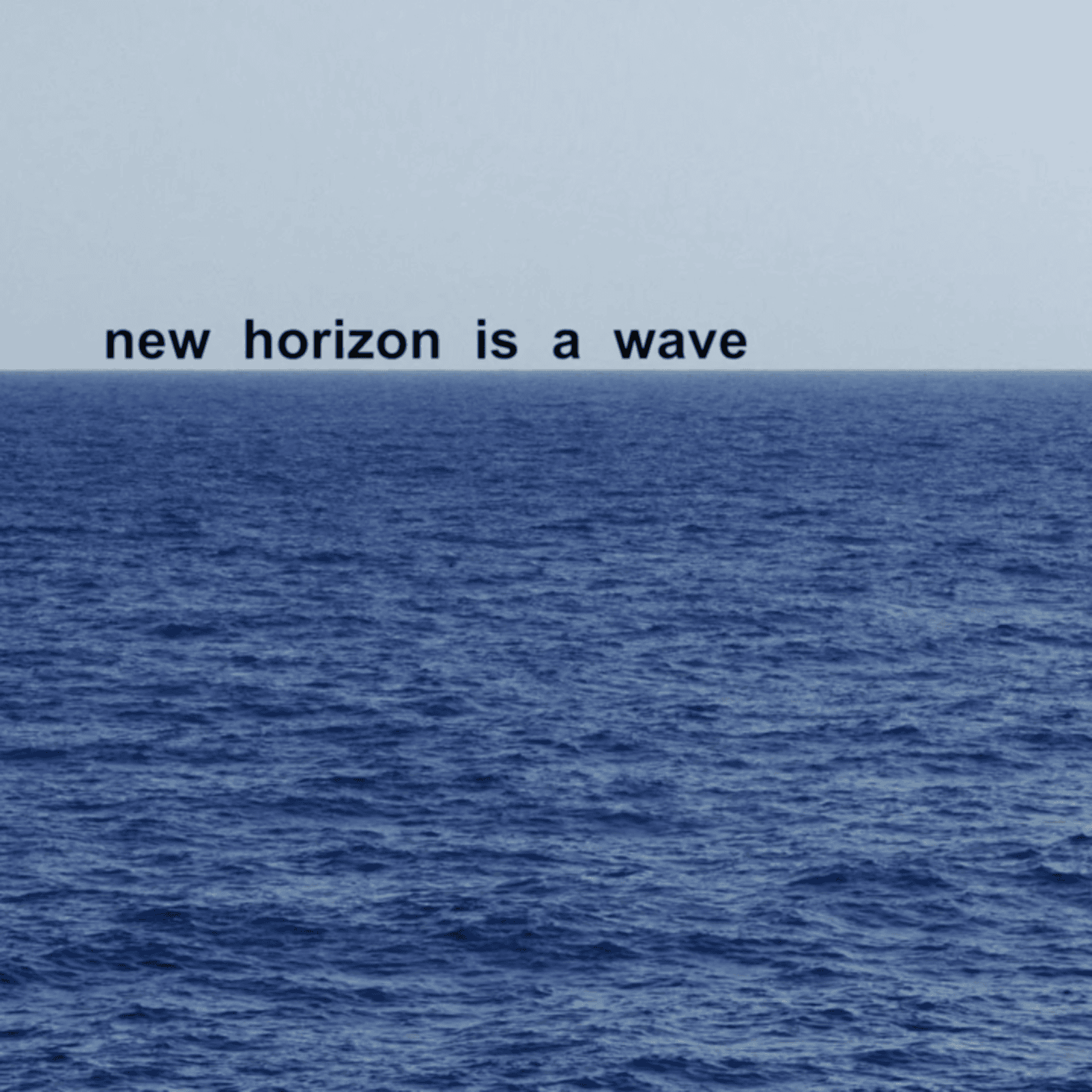 Zu sehen ist ein Bild einen Meereshorizonts bei Tag. Über der Horizontlinie steht in schwarzen Buchstaben: „New Horizon is a Wave“