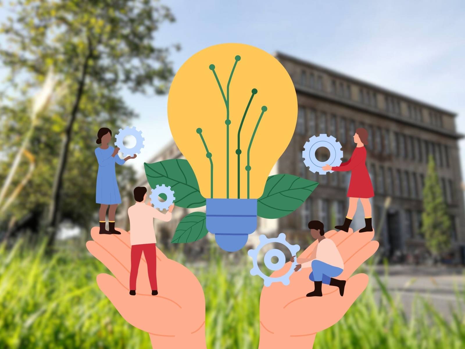 Hände und eine Glühbirne symbolisieren soziale Innovation. Im Hintergrund das Haus der Wirtschaftsförderung.