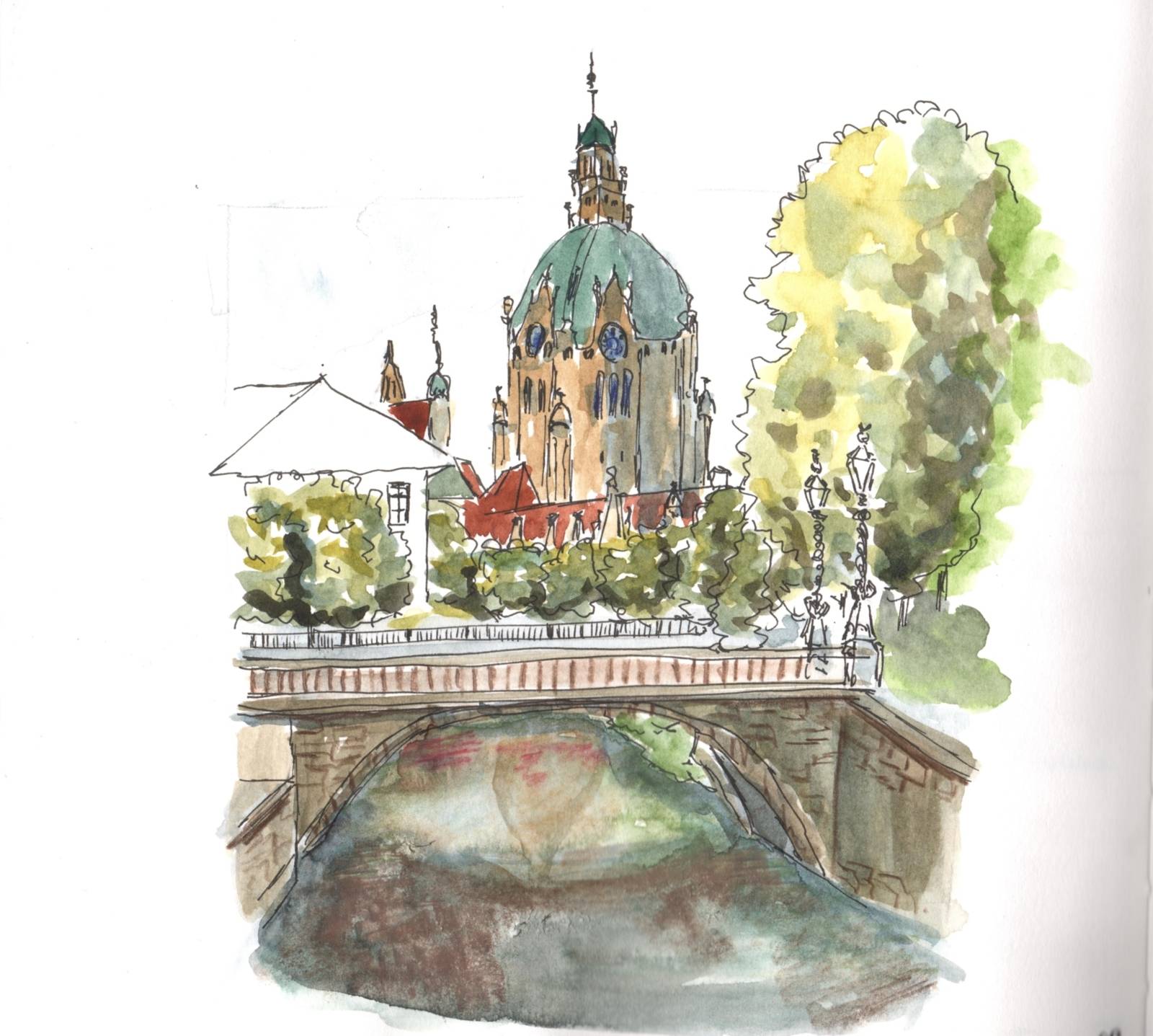 Zu sehen ist eine Aquarellzeichung des neuen Rathauses in der Ferne.