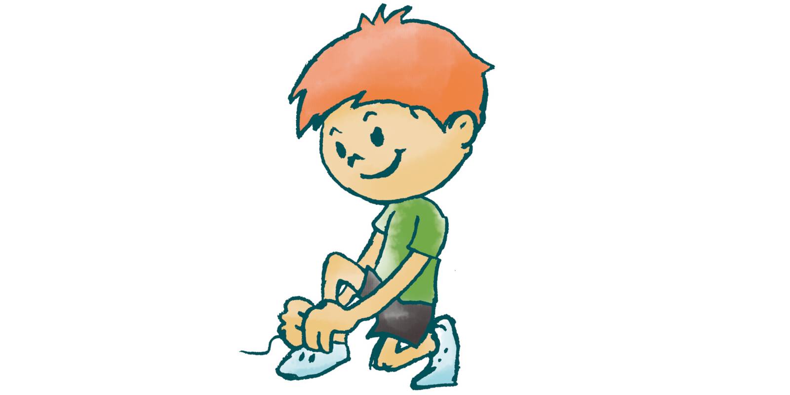 Zeichnung: Ein Kind bindet sich die Schuhe zu, knotet die Schnürsenkel und darauf eine Schleife.