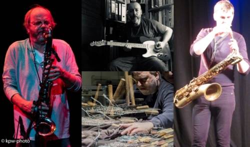 Eine Collage aus vier Personen, die verschiedene Instrumente spielen.