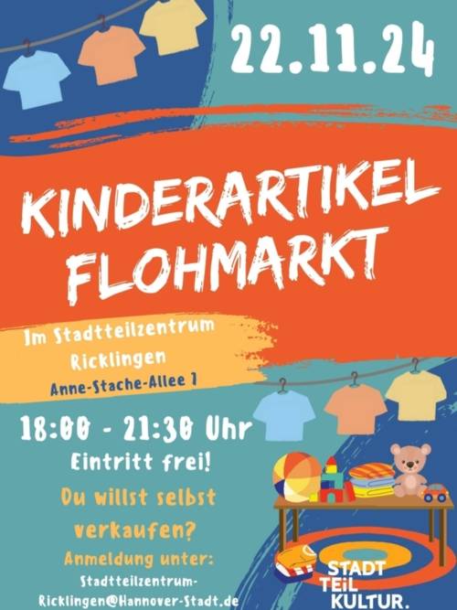 Kleiderleinen und Tische mit Spielzeug und T-Shirts