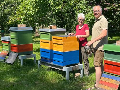 Zwei Personen an Bienenstöcken.