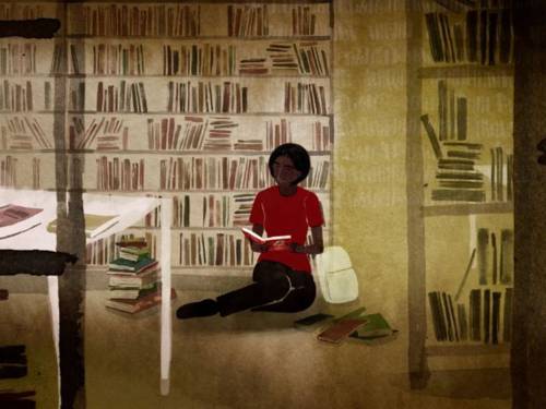 Zeichnung einer dunkelhäutigen Frau, die in einer Bibliothek auf dem Boden sitzende ein Buch liest.
