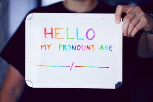 Person hält ein Schild, auf dem auf Englisch in Regenbogenfarben steht, welche Pronomen verwendet werden