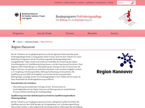 Vorschau auf die Seite mit Infos zur Region Hannover im Bundesprogramm ProKindertagespflege des Bundesministeriums für Familie, Senioren, Frauen und Jugend (BMSFSJ).