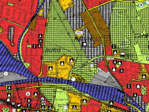 Der Ausschnitt aus dem Flächennutzungsplan zeigt mit unterschiedlichen Farbmarkierungen die unterschiedliche Nutzung von Flächen im Stadtgebiet Hannovers.