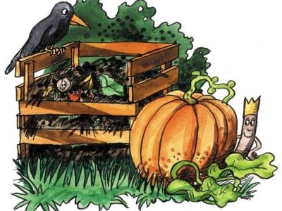 Zeichnung eines Raben, der am Rande eines Komposthaufens sitzt, daneben ein großer Kürbis
