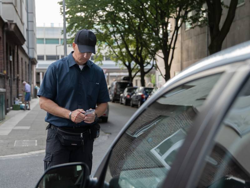 Mann fotografiert ein falschparkendes Auto.