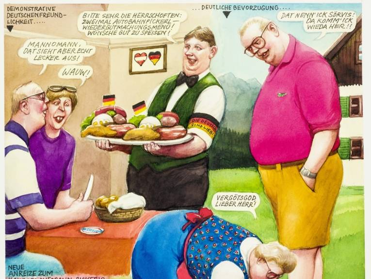 Zu sehen ist eine satirische Comic-Darstellung deutscher Gastfreundlichkeit.