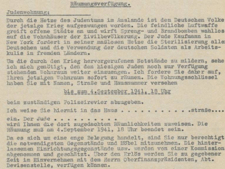 Ausschnitt der Räumungsverfügung der Stadt Hannover im Rahmen der "Aktion Lauterbacher" an die hannoverschen Juden vom 1. September 1941. Quelle: Stadtarchiv Hannover