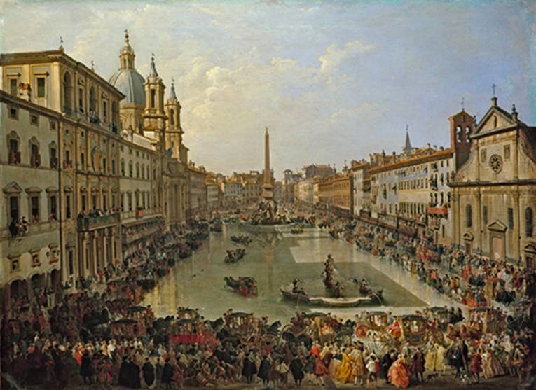 Das Bild zeigt das Kunstgemälde des Malers Giovanni Paolo Pannini und trägt den Namen "Piazza Navona unter Wasser gesetzt"