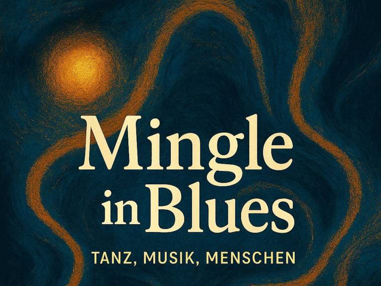 Schriftzug Mingle in Blues, Tanz, Musik, Menschen vor einer gemalten Sonne und einem angedeuteten Körperumriss