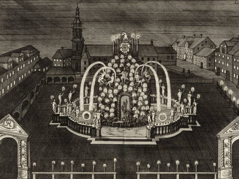 Parnass-Brunnen („Neustädter Marktplatz“), Kupferstich, 1728