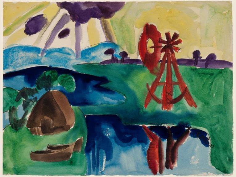 Karl Schmidt-Rottluff; Marschlandschaft mit rotem Windrad (Das Windrad) 1922; Aquarellfarbe auf Papier; 49 x 65,1 cm