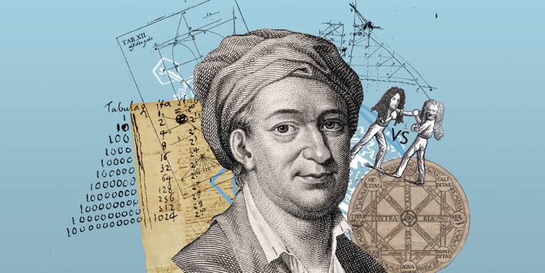 Collage von einer Porträtzeichnung eines Mannes mit mathematischen Berechnungen
